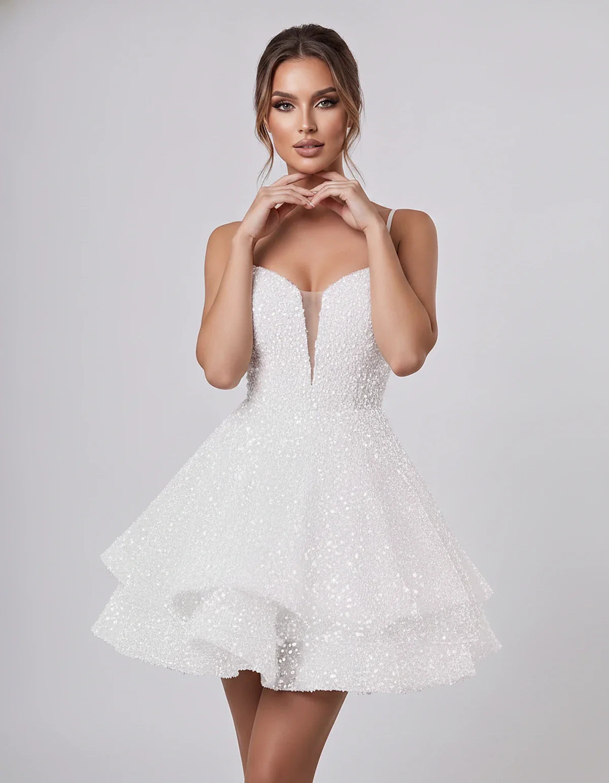Sequin Sleeveless Sweetheart Plunge Fit-and-Flare Mini Dress for Graduation, Homecoming, Party, Cocktail, Evening, Wedding Gu | SKU: LM-384716295108437-WHITE-L,LM-384716295108437-WHITE-M,LM-384716295108437-WHITE-S,LM-384716295108437-WHITE-XL,LM-384716295108437-WHITE-XS