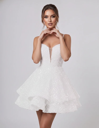 Sequin Sleeveless Sweetheart Plunge Fit-and-Flare Mini Dress for Graduation, Homecoming, Party, Cocktail, Evening, Wedding Gu | SKU: LM-384716295108437-WHITE-L,LM-384716295108437-WHITE-M,LM-384716295108437-WHITE-S,LM-384716295108437-WHITE-XL,LM-384716295108437-WHITE-XS