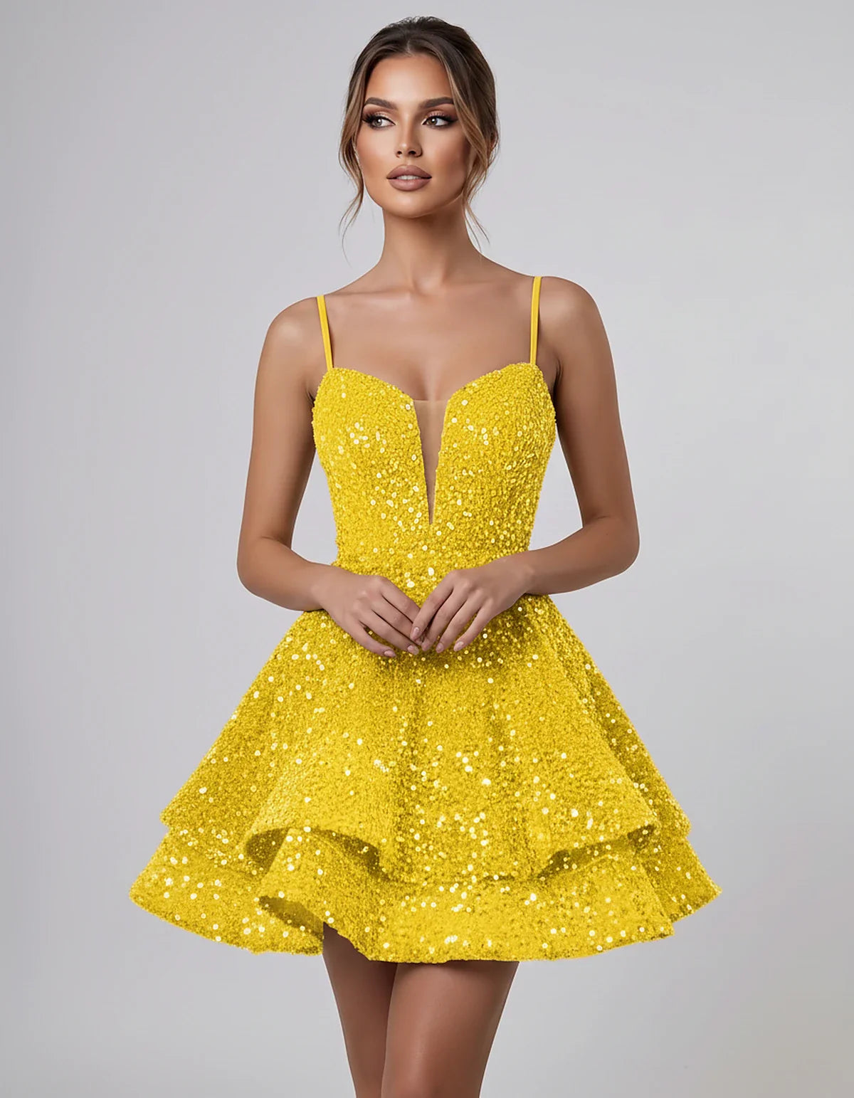 Sequin Sleeveless Sweetheart Plunge Fit-and-Flare Mini Dress for Graduation, Homecoming, Party, Cocktail, Evening, Wedding Gu | SKU: LM-384716295108437-YELLOW-L,LM-384716295108437-YELLOW-M,LM-384716295108437-YELLOW-S,LM-384716295108437-YELLOW-XL,LM-384716295108437-YELLOW-XS