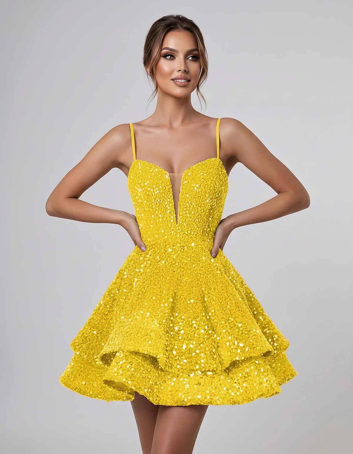 Sequin Sleeveless Sweetheart Plunge Fit-and-Flare Mini Dress for Graduation, Homecoming, Party, Cocktail, Evening, Wedding Gu | SKU: LM-384716295108437-YELLOW-L,LM-384716295108437-YELLOW-M,LM-384716295108437-YELLOW-S,LM-384716295108437-YELLOW-XL,LM-384716295108437-YELLOW-XS