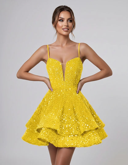 Sequin Sleeveless Sweetheart Plunge Fit-and-Flare Mini Dress for Graduation, Homecoming, Party, Cocktail, Evening, Wedding Gu | SKU: LM-384716295108437-YELLOW-L,LM-384716295108437-YELLOW-M,LM-384716295108437-YELLOW-S,LM-384716295108437-YELLOW-XL,LM-384716295108437-YELLOW-XS