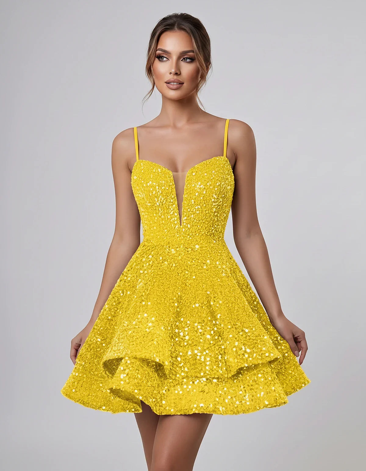 Sequin Sleeveless Sweetheart Plunge Fit-and-Flare Mini Dress for Graduation, Homecoming, Party, Cocktail, Evening, Wedding Gu | SKU: LM-384716295108437-YELLOW-L,LM-384716295108437-YELLOW-M,LM-384716295108437-YELLOW-S,LM-384716295108437-YELLOW-XL,LM-384716295108437-YELLOW-XS