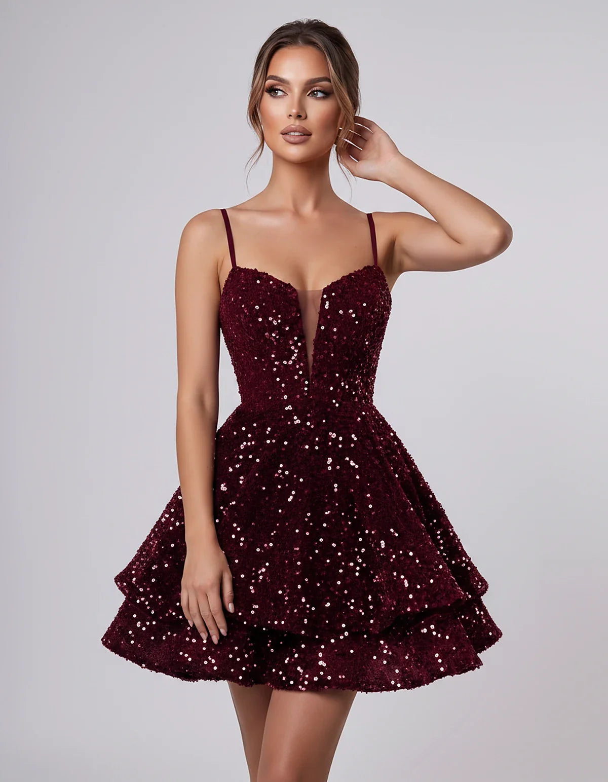 Sequin Sleeveless Sweetheart Plunge Fit-and-Flare Mini Dress for Graduation, Homecoming, Party, Cocktail, Evening, Wedding Gu | SKU: LM-384716295108437-BURGUNDY-L,LM-384716295108437-BURGUNDY-M,LM-384716295108437-BURGUNDY-S,LM-384716295108437-BURGUNDY-XL,LM-384716295108437-BURGUNDY-XS