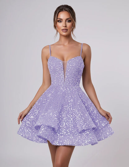 Sequin Sleeveless Sweetheart Plunge Fit-and-Flare Mini Dress for Graduation, Homecoming, Party, Cocktail, Evening, Wedding Gu | SKU: LM-384716295108437-LILAC-L,LM-384716295108437-LILAC-M,LM-384716295108437-LILAC-S,LM-384716295108437-LILAC-XL,LM-384716295108437-LILAC-XS