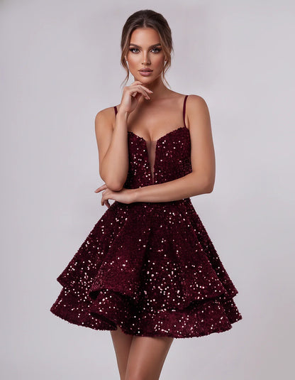 Sequin Sleeveless Sweetheart Plunge Fit-and-Flare Mini Dress for Graduation, Homecoming, Party, Cocktail, Evening, Wedding Gu | SKU: LM-384716295108437-BURGUNDY-L,LM-384716295108437-BURGUNDY-M,LM-384716295108437-BURGUNDY-S,LM-384716295108437-BURGUNDY-XL,LM-384716295108437-BURGUNDY-XS