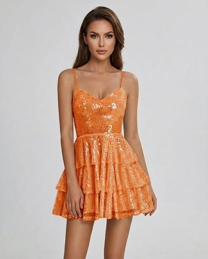 Sequin Sleeveless V-Neck Fit & Flare Mini Dress with Tiered Ruffles for Party, Cocktail, Evening, Summer & Wedding Guest Even