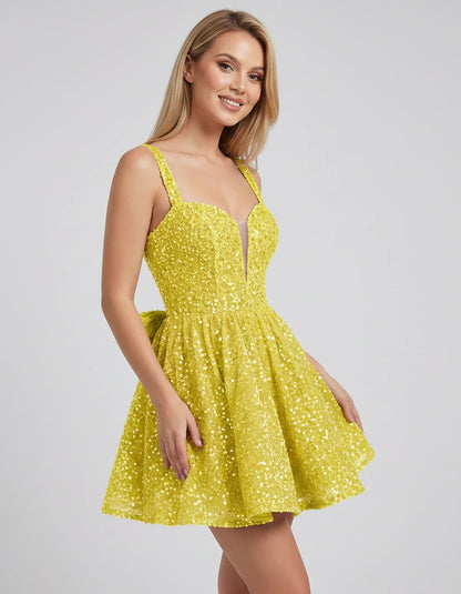 Sequin Polyester Sleeveless V-Neck A-Line Mini Dress for Party, Cocktail, Evening Events, Summer Celebrations & Wedding Guest | SKU: LMD-583917264851307-YELLOW-L,LMD-583917264851307-YELLOW-M,LMD-583917264851307-YELLOW-S,LMD-583917264851307-YELLOW-XL,LMD-583917264851307-YELLOW-XS