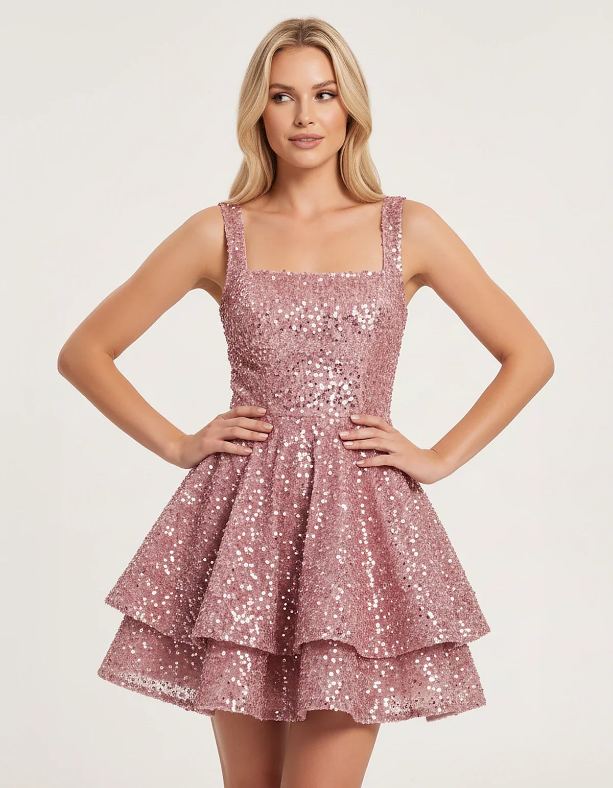Sequin Sleeveless Square Neck Tiered A-Line Mini Dress for Party, Cocktail, Evening, Homecoming, Graduation, Wedding Guest & | SKU: LMD-583104927461825-BLUSH-L,LMD-583104927461825-BLUSH-M,LMD-583104927461825-BLUSH-S,LMD-583104927461825-BLUSH-XL,LMD-583104927461825-BLUSH-XS