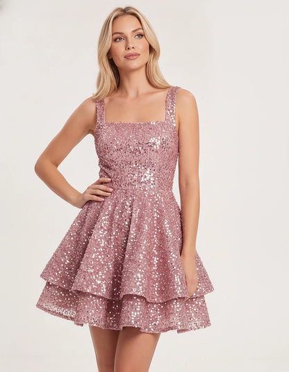 Sequin Sleeveless Square Neck Tiered A-Line Mini Dress for Party, Cocktail, Evening, Homecoming, Graduation, Wedding Guest & | SKU: LMD-583104927461825-BLUSH-L,LMD-583104927461825-BLUSH-M,LMD-583104927461825-BLUSH-S,LMD-583104927461825-BLUSH-XL,LMD-583104927461825-BLUSH-XS
