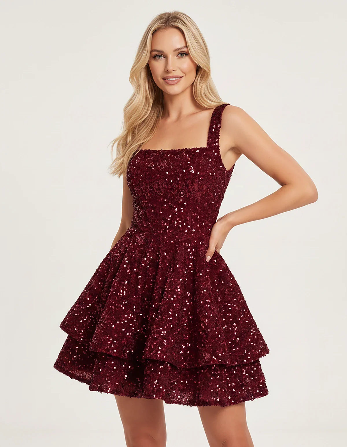 Sequin Sleeveless Square Neck Tiered A-Line Mini Dress for Party, Cocktail, Evening, Homecoming, Graduation, Wedding Guest & | SKU: LMD-583104927461825-BURGUNDY-L,LMD-583104927461825-BURGUNDY-M,LMD-583104927461825-BURGUNDY-S,LMD-583104927461825-BURGUNDY-XL,LMD-583104927461825-BURGUNDY-XS