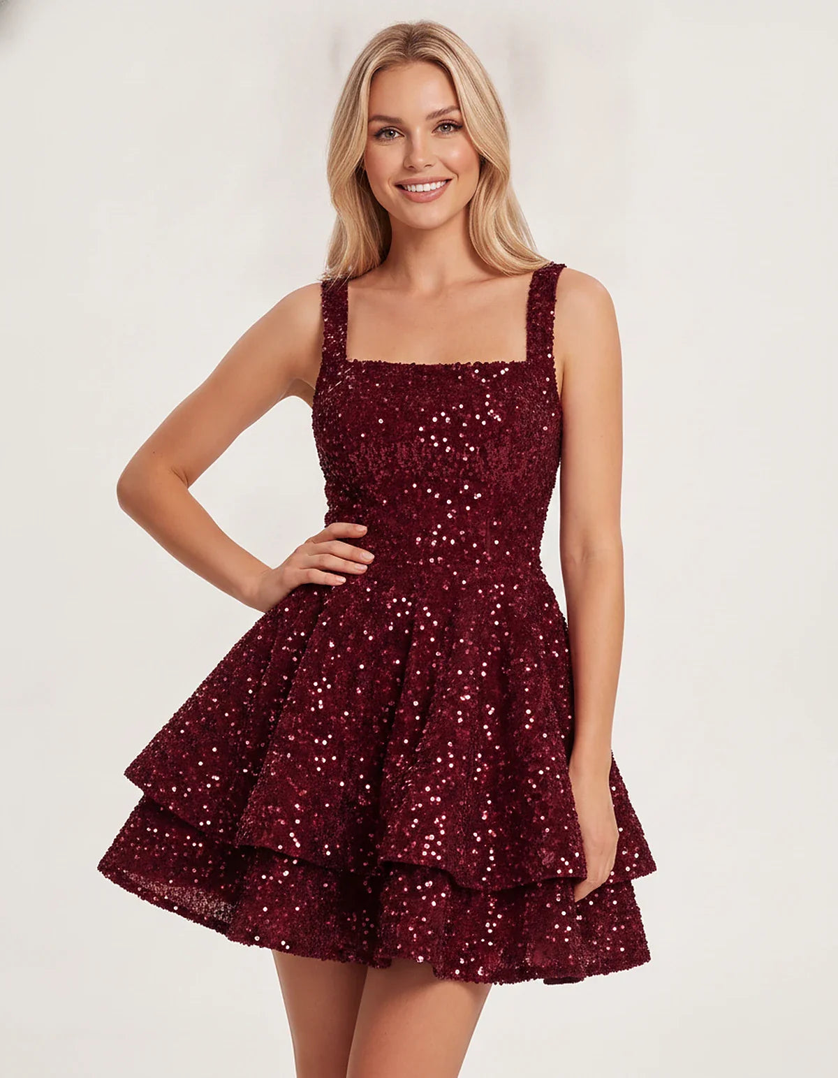 Sequin Sleeveless Square Neck Tiered A-Line Mini Dress for Party, Cocktail, Evening, Homecoming, Graduation, Wedding Guest & | SKU: LMD-583104927461825-BURGUNDY-L,LMD-583104927461825-BURGUNDY-M,LMD-583104927461825-BURGUNDY-S,LMD-583104927461825-BURGUNDY-XL,LMD-583104927461825-BURGUNDY-XS