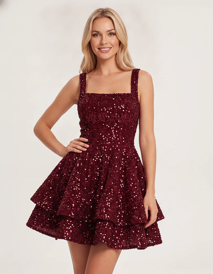 Sequin Sleeveless Square Neck Tiered A-Line Mini Dress for Party, Cocktail, Evening, Homecoming, Graduation, Wedding Guest & | SKU: LMD-583104927461825-BURGUNDY-L,LMD-583104927461825-BURGUNDY-M,LMD-583104927461825-BURGUNDY-S,LMD-583104927461825-BURGUNDY-XL,LMD-583104927461825-BURGUNDY-XS