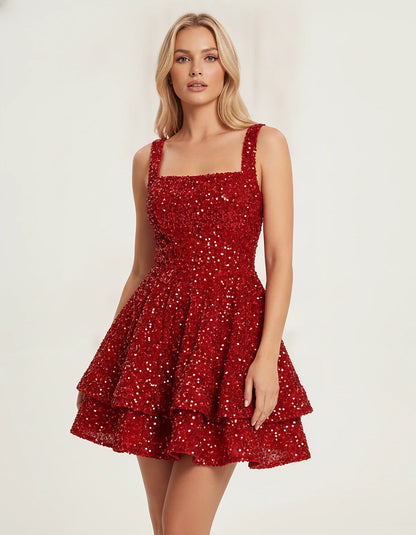Sequin Sleeveless Square Neck Tiered A-Line Mini Dress for Party, Cocktail, Evening, Homecoming, Graduation, Wedding Guest & | SKU: LMD-583104927461825-RED-L,LMD-583104927461825-RED-M,LMD-583104927461825-RED-S,LMD-583104927461825-RED-XL,LMD-583104927461825-RED-XS