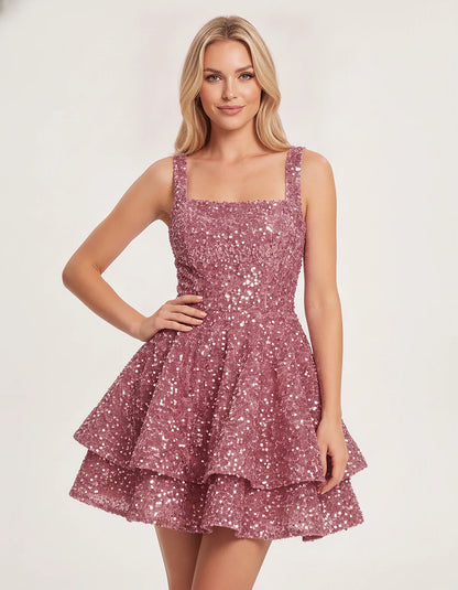 Sequin Sleeveless Square Neck Tiered A-Line Mini Dress for Party, Cocktail, Evening, Homecoming, Graduation, Wedding Guest & | SKU: LMD-583104927461825-DUSTYROSE-L,LMD-583104927461825-DUSTYROSE-M,LMD-583104927461825-DUSTYROSE-S,LMD-583104927461825-DUSTYROSE-XL,LMD-583104927461825-DUSTYROSE-XS