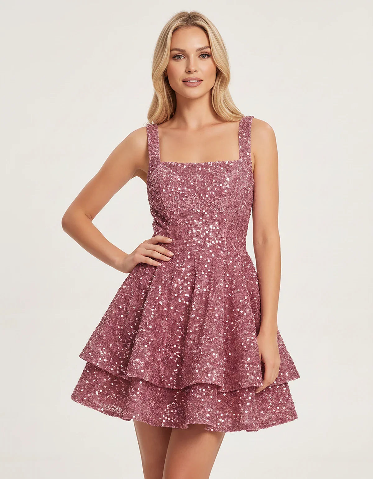 Sequin Sleeveless Square Neck Tiered A-Line Mini Dress for Party, Cocktail, Evening, Homecoming, Graduation, Wedding Guest & | SKU: LMD-583104927461825-DUSTYROSE-L,LMD-583104927461825-DUSTYROSE-M,LMD-583104927461825-DUSTYROSE-S,LMD-583104927461825-DUSTYROSE-XL,LMD-583104927461825-DUSTYROSE-XS