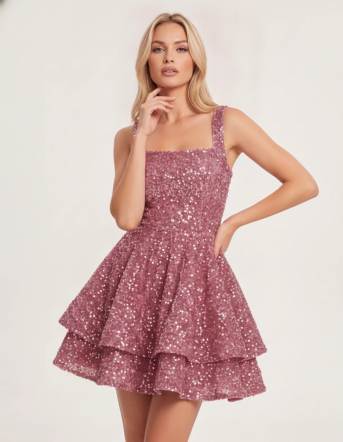 Sequin Sleeveless Square Neck Tiered A-Line Mini Dress for Party, Cocktail, Evening, Homecoming, Graduation, Wedding Guest & | SKU: LMD-583104927461825-DUSTYROSE-L,LMD-583104927461825-DUSTYROSE-M,LMD-583104927461825-DUSTYROSE-S,LMD-583104927461825-DUSTYROSE-XL,LMD-583104927461825-DUSTYROSE-XS