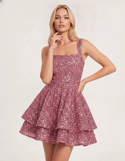 Sequin Sleeveless Square Neck Tiered A-Line Mini Dress for Party, Cocktail, Evening, Homecoming, Graduation, Wedding Guest & | SKU: LMD-583104927461825-DUSTYROSE-L,LMD-583104927461825-DUSTYROSE-M,LMD-583104927461825-DUSTYROSE-S,LMD-583104927461825-DUSTYROSE-XL,LMD-583104927461825-DUSTYROSE-XS
