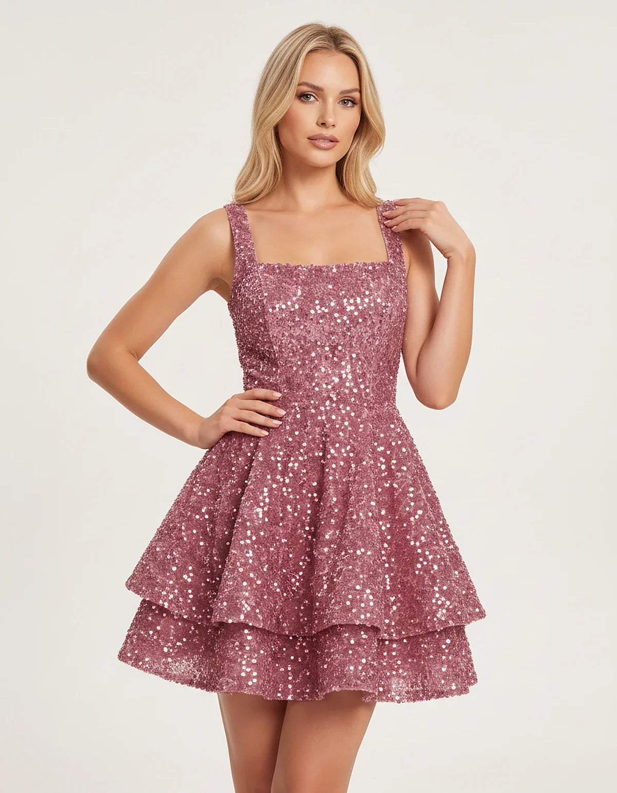 Sequin Sleeveless Square Neck Tiered A-Line Mini Dress for Party, Cocktail, Evening, Homecoming, Graduation, Wedding Guest & | SKU: LMD-583104927461825-DUSTYROSE-L,LMD-583104927461825-DUSTYROSE-M,LMD-583104927461825-DUSTYROSE-S,LMD-583104927461825-DUSTYROSE-XL,LMD-583104927461825-DUSTYROSE-XS