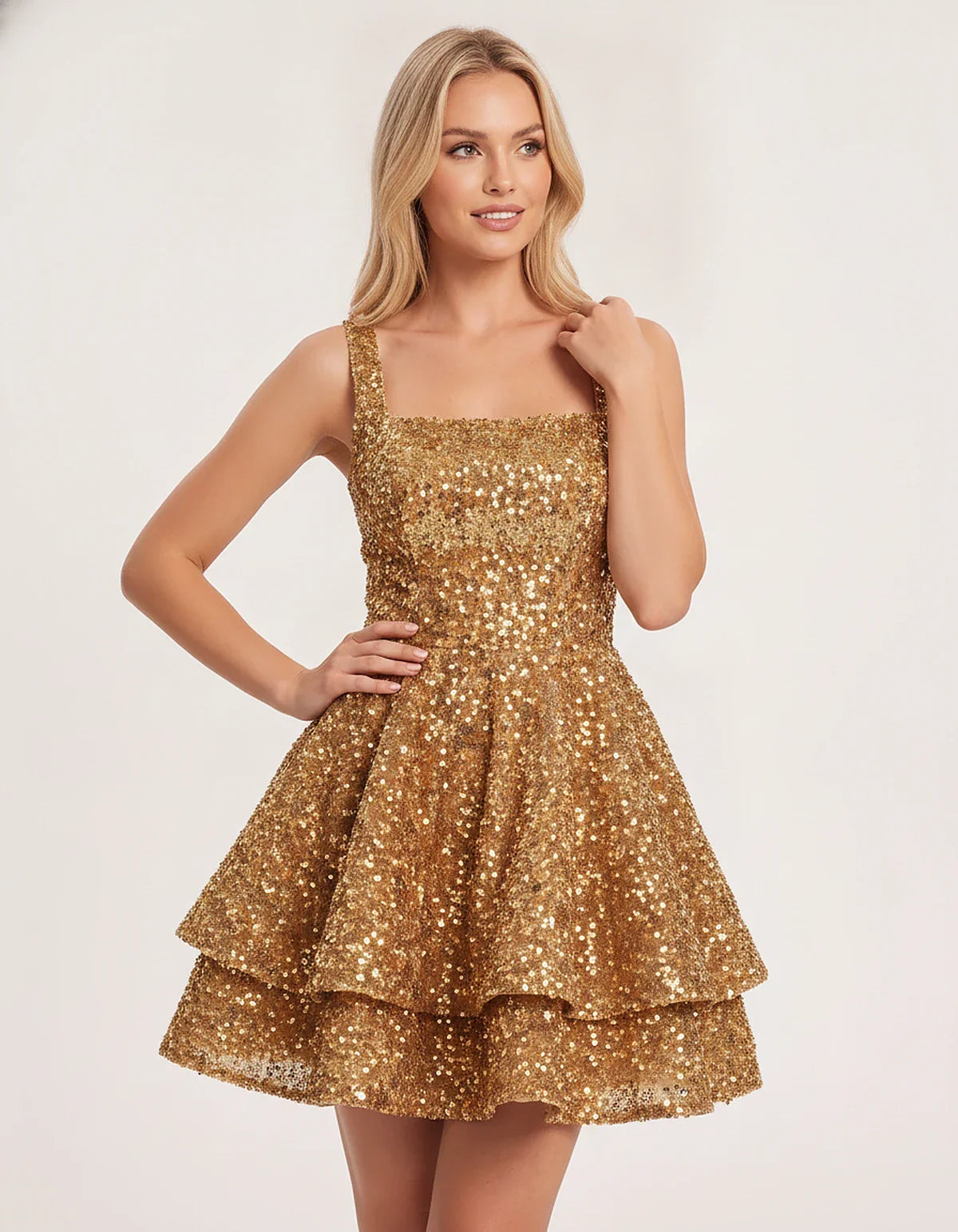 Sequin Sleeveless Square Neck Tiered A-Line Mini Dress for Party, Cocktail, Evening, Homecoming, Graduation, Wedding Guest & | SKU: LMD-583104927461825-YELLOW-L,LMD-583104927461825-YELLOW-M,LMD-583104927461825-YELLOW-S,LMD-583104927461825-YELLOW-XL,LMD-583104927461825-YELLOW-XS