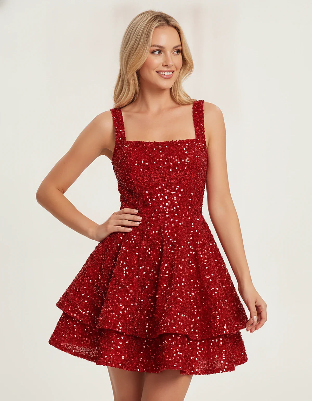 Sequin Sleeveless Square Neck Tiered A-Line Mini Dress for Party, Cocktail, Evening, Homecoming, Graduation, Wedding Guest & | SKU: LMD-583104927461825-RED-L,LMD-583104927461825-RED-M,LMD-583104927461825-RED-S,LMD-583104927461825-RED-XL,LMD-583104927461825-RED-XS