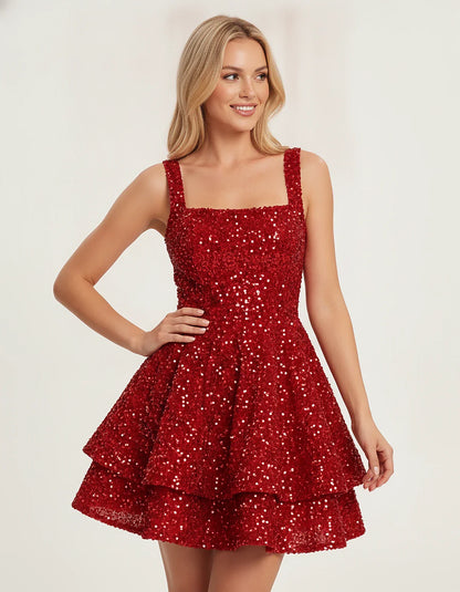 Sequin Sleeveless Square Neck Tiered A-Line Mini Dress for Party, Cocktail, Evening, Homecoming, Graduation, Wedding Guest & | SKU: LMD-583104927461825-RED-L,LMD-583104927461825-RED-M,LMD-583104927461825-RED-S,LMD-583104927461825-RED-XL,LMD-583104927461825-RED-XS