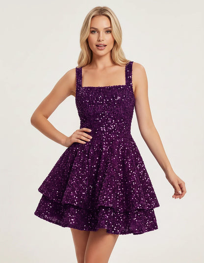 Sequin Sleeveless Square Neck Tiered A-Line Mini Dress for Party, Cocktail, Evening, Homecoming, Graduation, Wedding Guest & | SKU: LMD-583104927461825-GRAPE-L,LMD-583104927461825-GRAPE-M,LMD-583104927461825-GRAPE-S,LMD-583104927461825-GRAPE-XL,LMD-583104927461825-GRAPE-XS