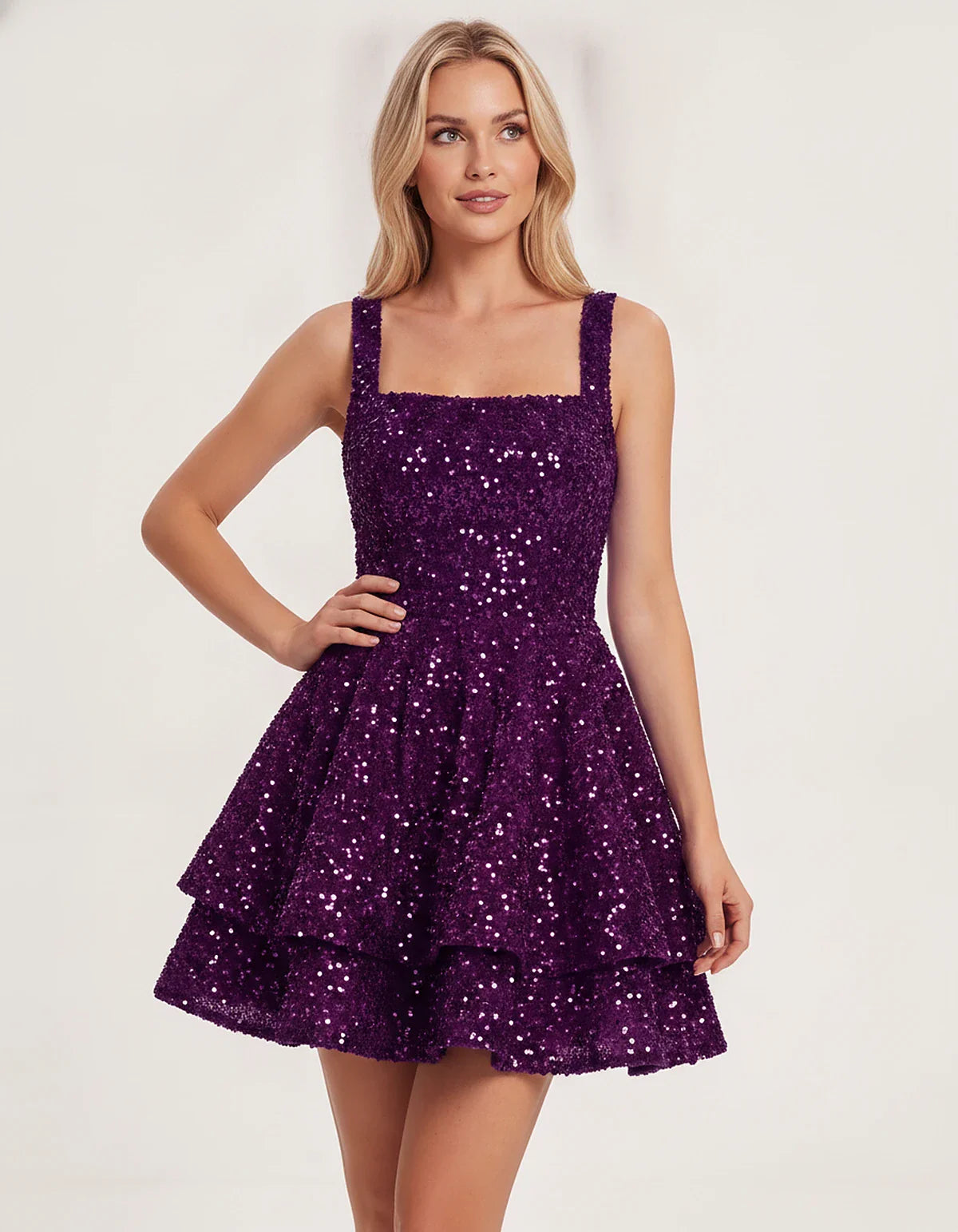 Sequin Sleeveless Square Neck Tiered A-Line Mini Dress for Party, Cocktail, Evening, Homecoming, Graduation, Wedding Guest & | SKU: LMD-583104927461825-GRAPE-L,LMD-583104927461825-GRAPE-M,LMD-583104927461825-GRAPE-S,LMD-583104927461825-GRAPE-XL,LMD-583104927461825-GRAPE-XS