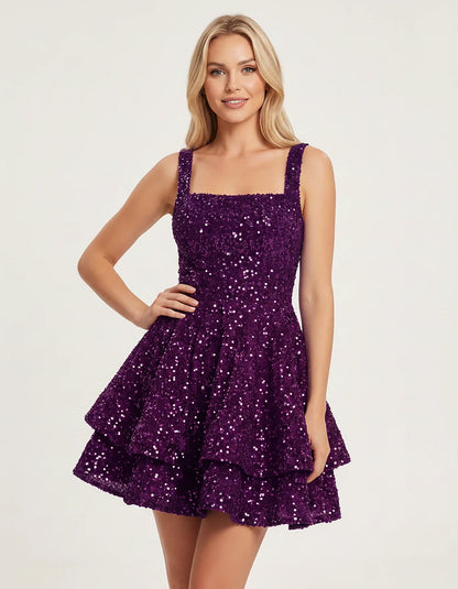 Sequin Sleeveless Square Neck Tiered A-Line Mini Dress for Party, Cocktail, Evening, Homecoming, Graduation, Wedding Guest & | SKU: LMD-583104927461825-GRAPE-L,LMD-583104927461825-GRAPE-M,LMD-583104927461825-GRAPE-S,LMD-583104927461825-GRAPE-XL,LMD-583104927461825-GRAPE-XS