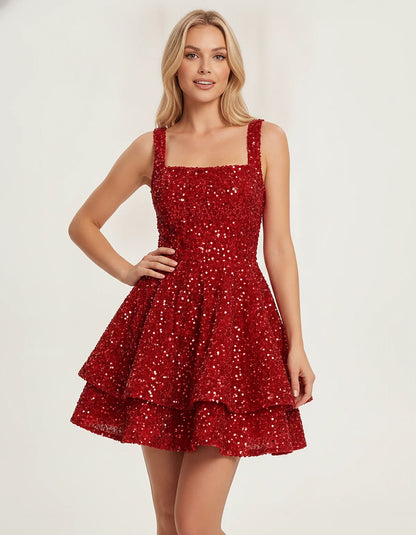 Sequin Sleeveless Square Neck Tiered A-Line Mini Dress for Party, Cocktail, Evening, Homecoming, Graduation, Wedding Guest & | SKU: LMD-583104927461825-RED-L,LMD-583104927461825-RED-M,LMD-583104927461825-RED-S,LMD-583104927461825-RED-XL,LMD-583104927461825-RED-XS