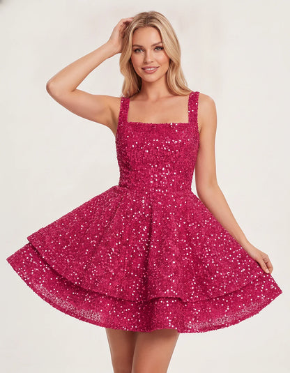 Sequin Sleeveless Square Neck Tiered A-Line Mini Dress for Party, Cocktail, Evening, Homecoming, Graduation, Wedding Guest & | SKU: LMD-583104927461825-HOTPINK-L,LMD-583104927461825-HOTPINK-M,LMD-583104927461825-HOTPINK-S,LMD-583104927461825-HOTPINK-XL,LMD-583104927461825-HOTPINK-XS
