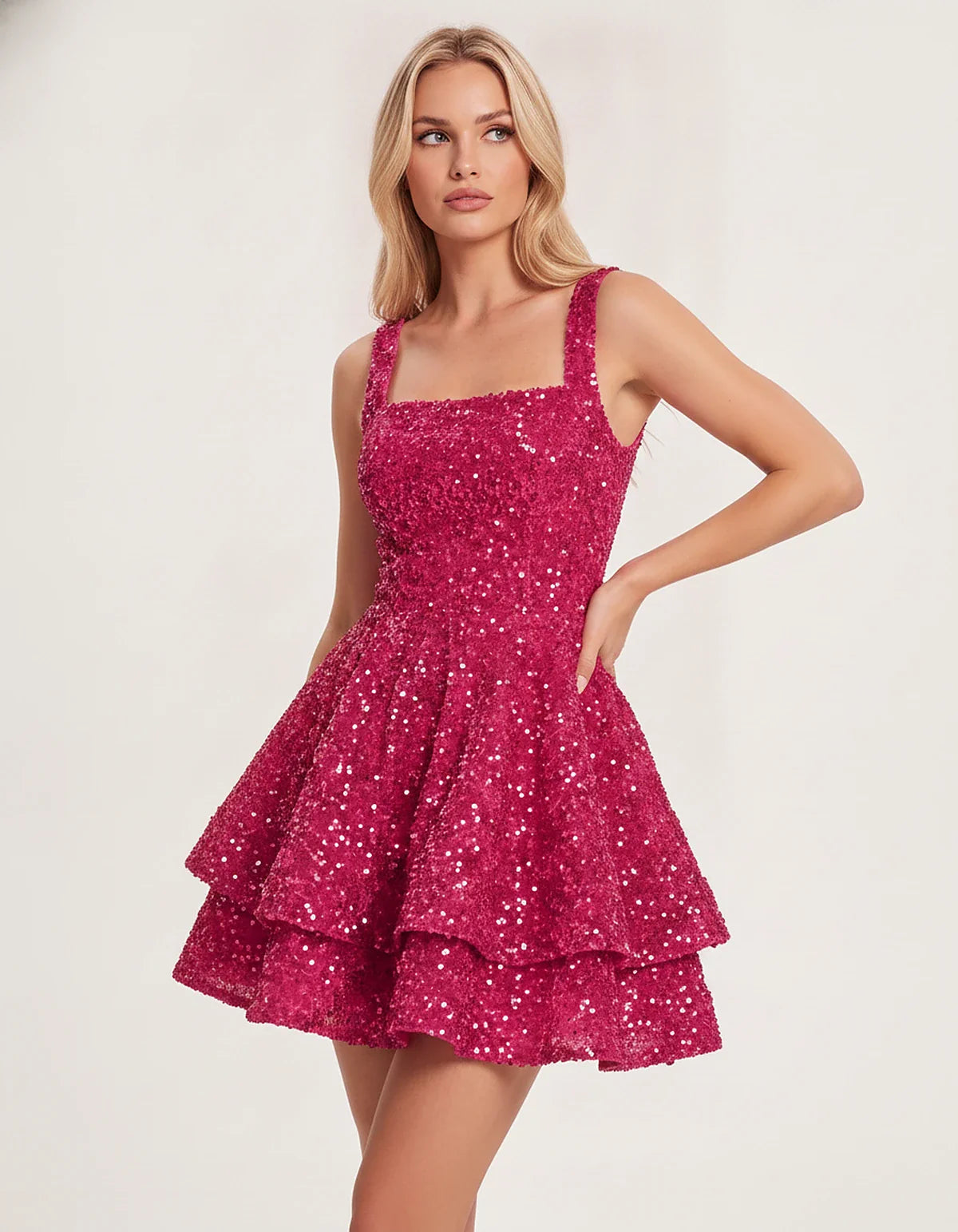 Sequin Sleeveless Square Neck Tiered A-Line Mini Dress for Party, Cocktail, Evening, Homecoming, Graduation, Wedding Guest & | SKU: LMD-583104927461825-HOTPINK-L,LMD-583104927461825-HOTPINK-M,LMD-583104927461825-HOTPINK-S,LMD-583104927461825-HOTPINK-XL,LMD-583104927461825-HOTPINK-XS