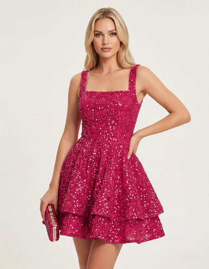 Sequin Sleeveless Square Neck Tiered A-Line Mini Dress for Party, Cocktail, Evening, Homecoming, Graduation, Wedding Guest & | SKU: LMD-583104927461825-HOTPINK-L,LMD-583104927461825-HOTPINK-M,LMD-583104927461825-HOTPINK-S,LMD-583104927461825-HOTPINK-XL,LMD-583104927461825-HOTPINK-XS