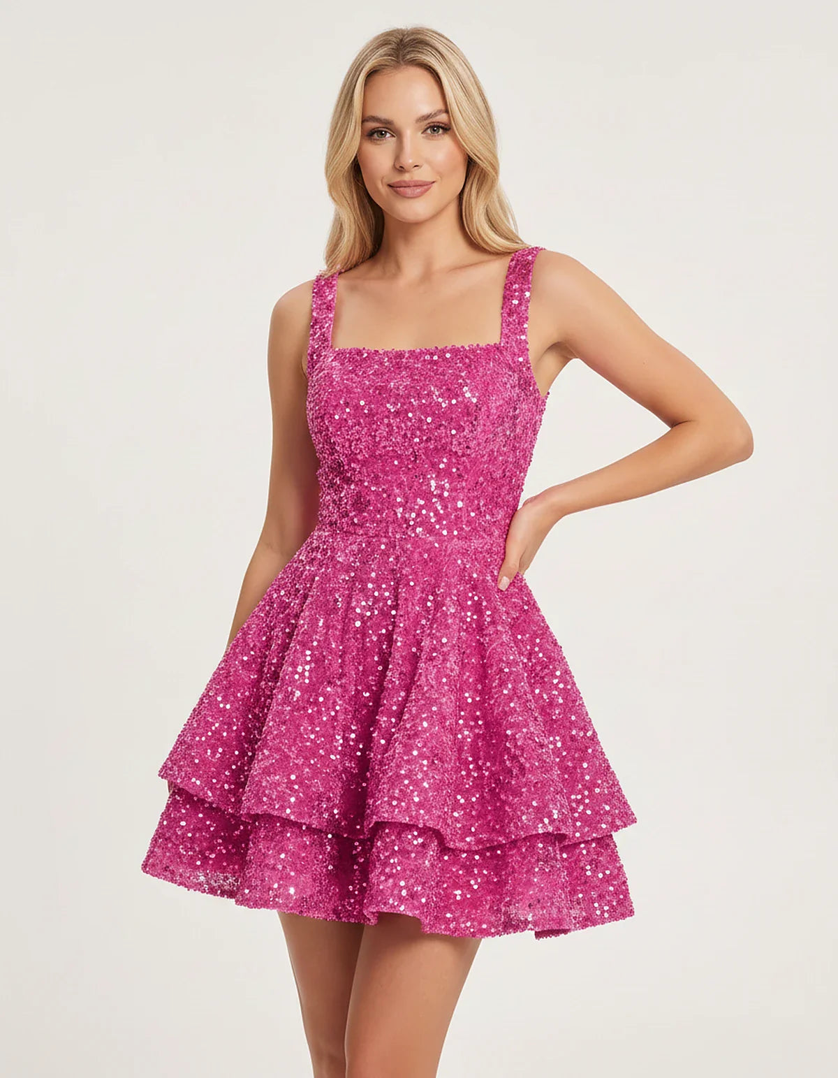 Sequin Sleeveless Square Neck Tiered A-Line Mini Dress for Party, Cocktail, Evening, Homecoming, Graduation, Wedding Guest & | SKU: LMD-583104927461825-PINK-L,LMD-583104927461825-PINK-M,LMD-583104927461825-PINK-S,LMD-583104927461825-PINK-XL,LMD-583104927461825-PINK-XS