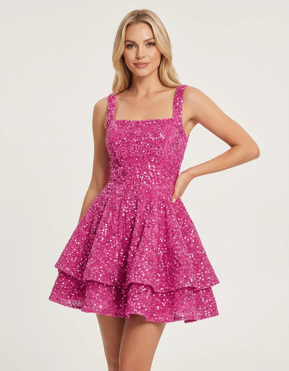 Sequin Sleeveless Square Neck Tiered A-Line Mini Dress for Party, Cocktail, Evening, Homecoming, Graduation, Wedding Guest & | SKU: LMD-583104927461825-PINK-L,LMD-583104927461825-PINK-M,LMD-583104927461825-PINK-S,LMD-583104927461825-PINK-XL,LMD-583104927461825-PINK-XS