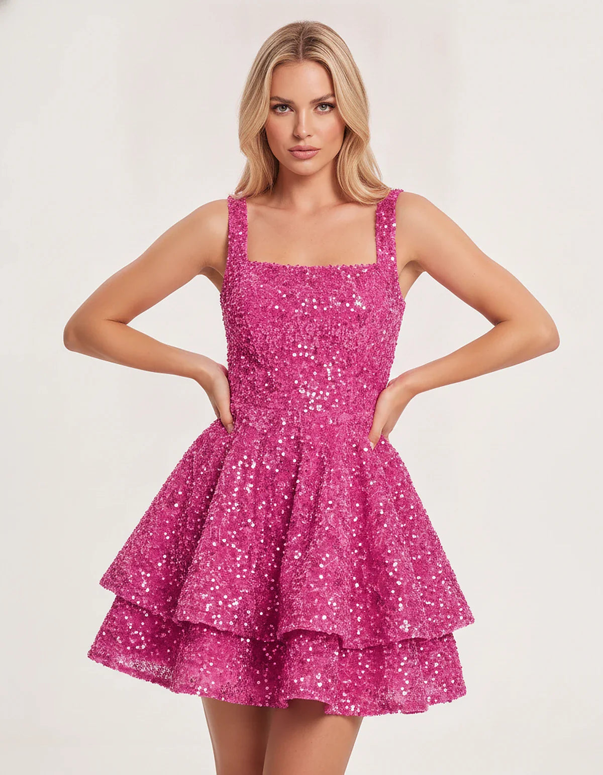Sequin Sleeveless Square Neck Tiered A-Line Mini Dress for Party, Cocktail, Evening, Homecoming, Graduation, Wedding Guest & | SKU: LMD-583104927461825-PINK-L,LMD-583104927461825-PINK-M,LMD-583104927461825-PINK-S,LMD-583104927461825-PINK-XL,LMD-583104927461825-PINK-XS