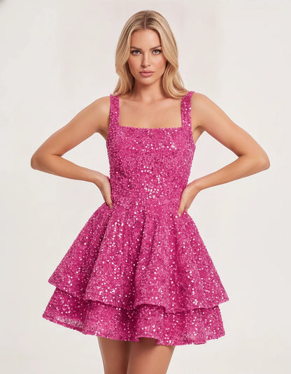 Sequin Sleeveless Square Neck Tiered A-Line Mini Dress for Party, Cocktail, Evening, Homecoming, Graduation, Wedding Guest & | SKU: LMD-583104927461825-PINK-L,LMD-583104927461825-PINK-M,LMD-583104927461825-PINK-S,LMD-583104927461825-PINK-XL,LMD-583104927461825-PINK-XS
