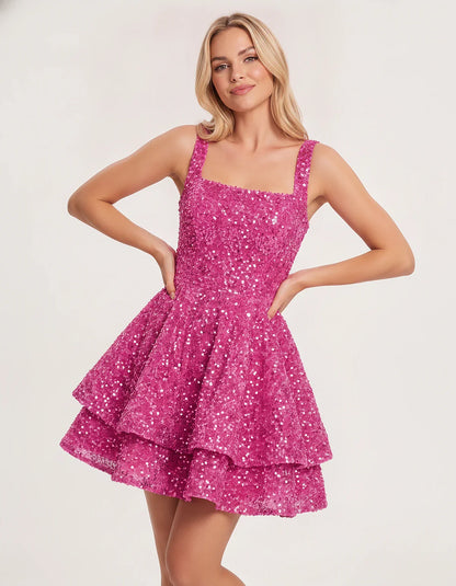Sequin Sleeveless Square Neck Tiered A-Line Mini Dress for Party, Cocktail, Evening, Homecoming, Graduation, Wedding Guest & | SKU: LMD-583104927461825-PINK-L,LMD-583104927461825-PINK-M,LMD-583104927461825-PINK-S,LMD-583104927461825-PINK-XL,LMD-583104927461825-PINK-XS