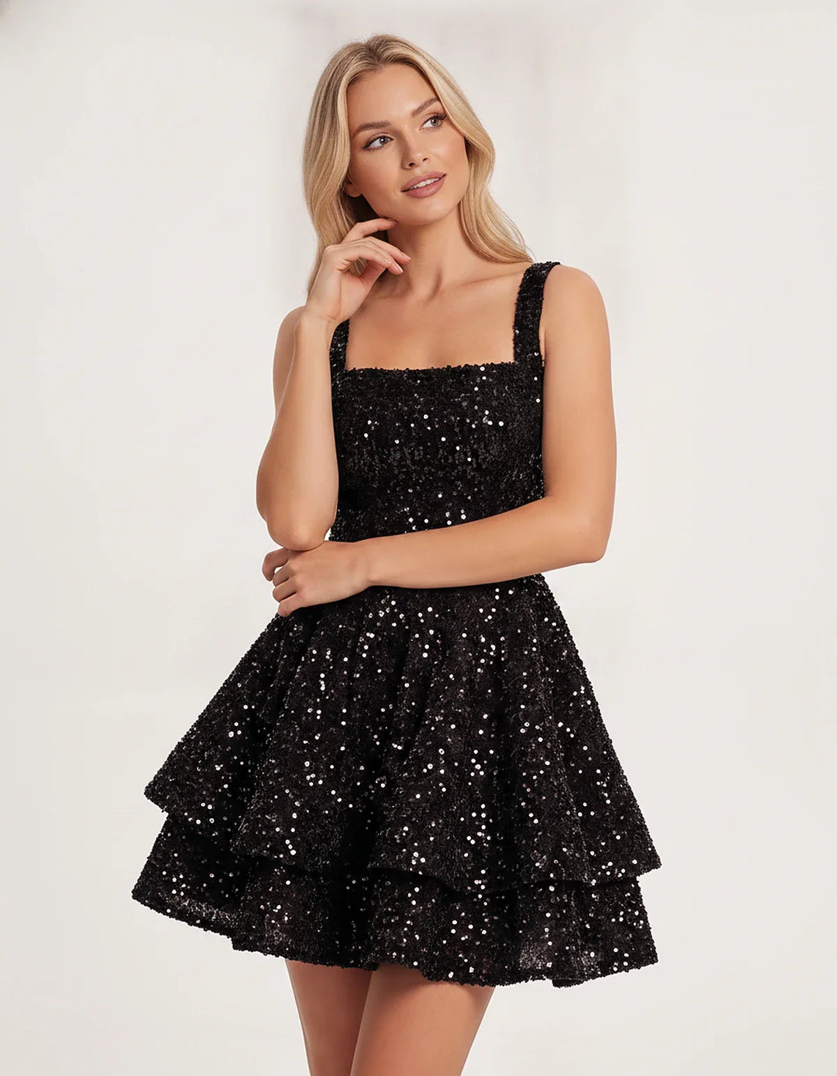 Sequin Sleeveless Square Neck Tiered A-Line Mini Dress for Party, Cocktail, Evening, Homecoming, Graduation, Wedding Guest & | SKU: LMD-583104927461825-BLACK-L,LMD-583104927461825-BLACK-M,LMD-583104927461825-BLACK-S,LMD-583104927461825-BLACK-XL,LMD-583104927461825-BLACK-XS