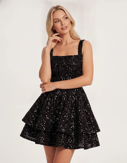 Sequin Sleeveless Square Neck Tiered A-Line Mini Dress for Party, Cocktail, Evening, Homecoming, Graduation, Wedding Guest & | SKU: LMD-583104927461825-BLACK-L,LMD-583104927461825-BLACK-M,LMD-583104927461825-BLACK-S,LMD-583104927461825-BLACK-XL,LMD-583104927461825-BLACK-XS
