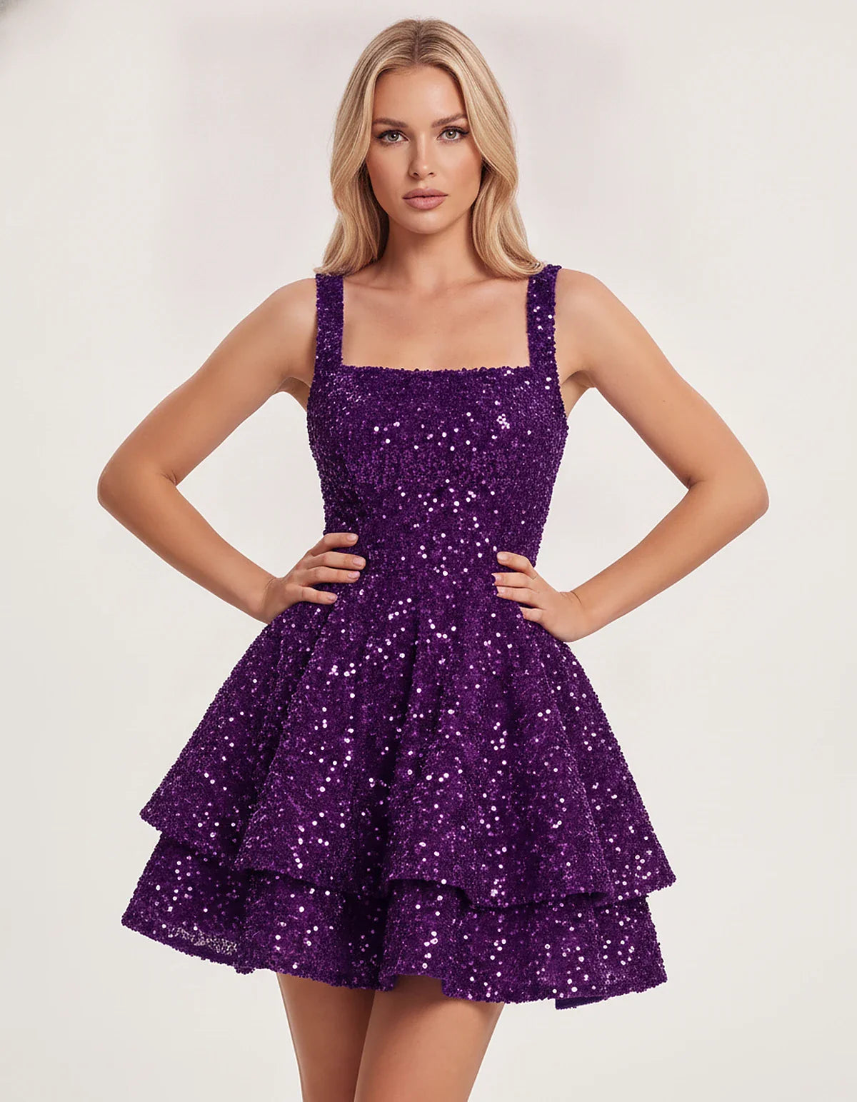 Sequin Sleeveless Square Neck Tiered A-Line Mini Dress for Party, Cocktail, Evening, Homecoming, Graduation, Wedding Guest & | SKU: LMD-583104927461825-PURPLE-L,LMD-583104927461825-PURPLE-M,LMD-583104927461825-PURPLE-S,LMD-583104927461825-PURPLE-XL,LMD-583104927461825-PURPLE-XS