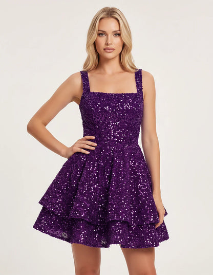 Sequin Sleeveless Square Neck Tiered A-Line Mini Dress for Party, Cocktail, Evening, Homecoming, Graduation, Wedding Guest & | SKU: LMD-583104927461825-PURPLE-L,LMD-583104927461825-PURPLE-M,LMD-583104927461825-PURPLE-S,LMD-583104927461825-PURPLE-XL,LMD-583104927461825-PURPLE-XS