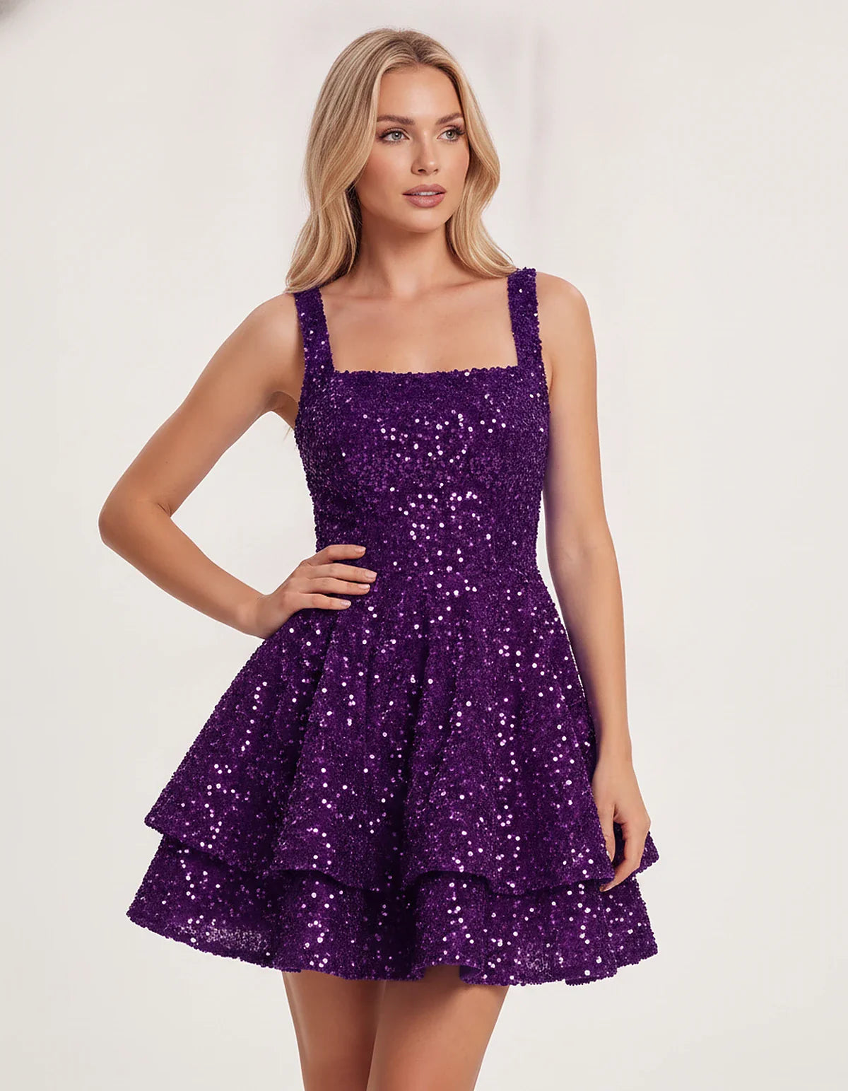 Sequin Sleeveless Square Neck Tiered A-Line Mini Dress for Party, Cocktail, Evening, Homecoming, Graduation, Wedding Guest & | SKU: LMD-583104927461825-PURPLE-L,LMD-583104927461825-PURPLE-M,LMD-583104927461825-PURPLE-S,LMD-583104927461825-PURPLE-XL,LMD-583104927461825-PURPLE-XS