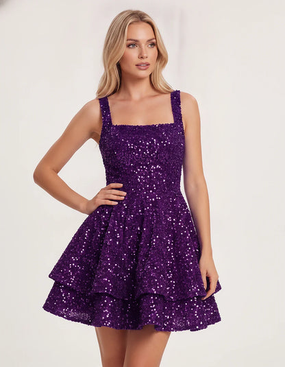 Sequin Sleeveless Square Neck Tiered A-Line Mini Dress for Party, Cocktail, Evening, Homecoming, Graduation, Wedding Guest & | SKU: LMD-583104927461825-PURPLE-L,LMD-583104927461825-PURPLE-M,LMD-583104927461825-PURPLE-S,LMD-583104927461825-PURPLE-XL,LMD-583104927461825-PURPLE-XS
