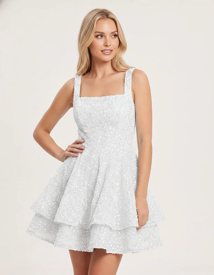 Sequin Sleeveless Square Neck Tiered A-Line Mini Dress for Party, Cocktail, Evening, Homecoming, Graduation, Wedding Guest & | SKU: LMD-583104927461825-SILVER-L,LMD-583104927461825-SILVER-M,LMD-583104927461825-SILVER-S,LMD-583104927461825-SILVER-XL,LMD-583104927461825-SILVER-XS