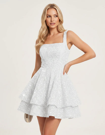 Sequin Sleeveless Square Neck Tiered A-Line Mini Dress for Party, Cocktail, Evening, Homecoming, Graduation, Wedding Guest & | SKU: LMD-583104927461825-SILVER-L,LMD-583104927461825-SILVER-M,LMD-583104927461825-SILVER-S,LMD-583104927461825-SILVER-XL,LMD-583104927461825-SILVER-XS