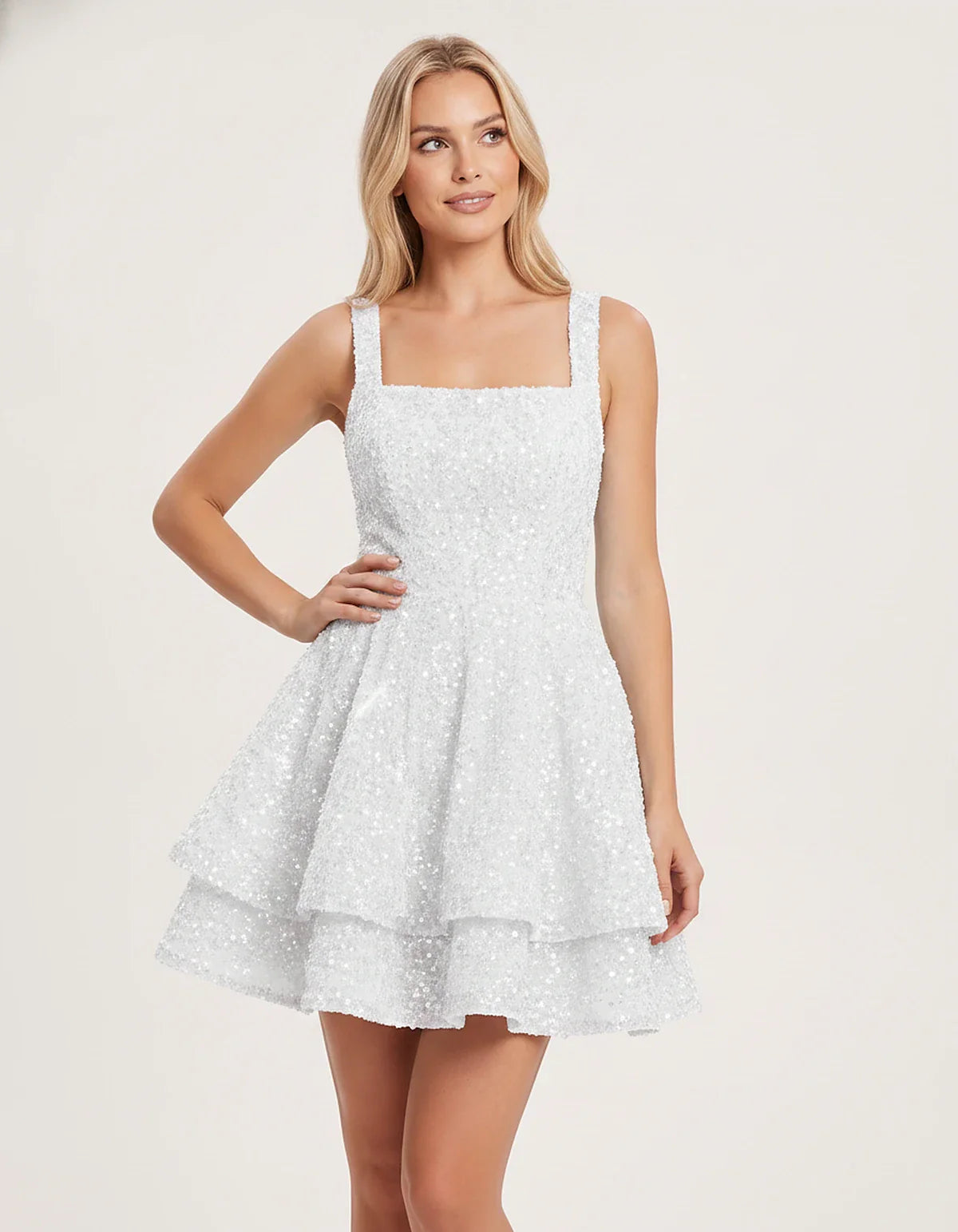 Sequin Sleeveless Square Neck Tiered A-Line Mini Dress for Party, Cocktail, Evening, Homecoming, Graduation, Wedding Guest & | SKU: LMD-583104927461825-SILVER-L,LMD-583104927461825-SILVER-M,LMD-583104927461825-SILVER-S,LMD-583104927461825-SILVER-XL,LMD-583104927461825-SILVER-XS