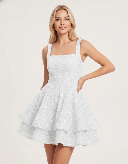 Sequin Sleeveless Square Neck Tiered A-Line Mini Dress for Party, Cocktail, Evening, Homecoming, Graduation, Wedding Guest & | SKU: LMD-583104927461825-SILVER-L,LMD-583104927461825-SILVER-M,LMD-583104927461825-SILVER-S,LMD-583104927461825-SILVER-XL,LMD-583104927461825-SILVER-XS