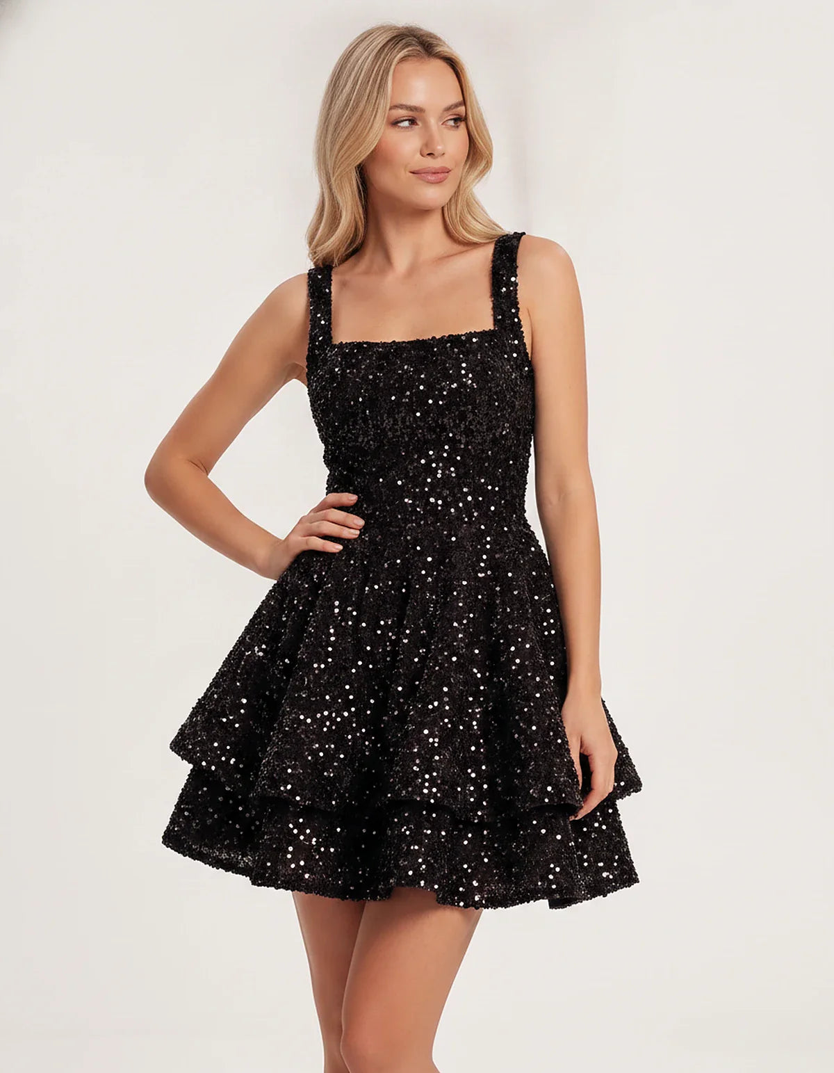 Sequin Sleeveless Square Neck Tiered A-Line Mini Dress for Party, Cocktail, Evening, Homecoming, Graduation, Wedding Guest & | SKU: LMD-583104927461825-BLACK-L,LMD-583104927461825-BLACK-M,LMD-583104927461825-BLACK-S,LMD-583104927461825-BLACK-XL,LMD-583104927461825-BLACK-XS