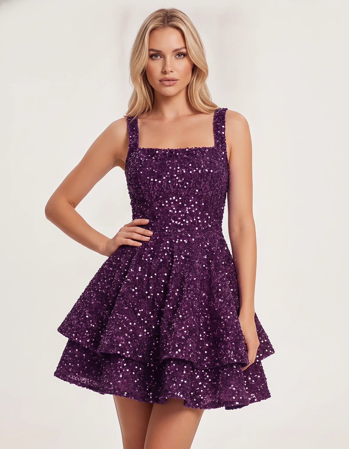 Sequin Sleeveless Square Neck Tiered A-Line Mini Dress for Party, Cocktail, Evening, Homecoming, Graduation, Wedding Guest & | SKU: LMD-583104927461825-MAUVE-L,LMD-583104927461825-MAUVE-M,LMD-583104927461825-MAUVE-S,LMD-583104927461825-MAUVE-XL,LMD-583104927461825-MAUVE-XS