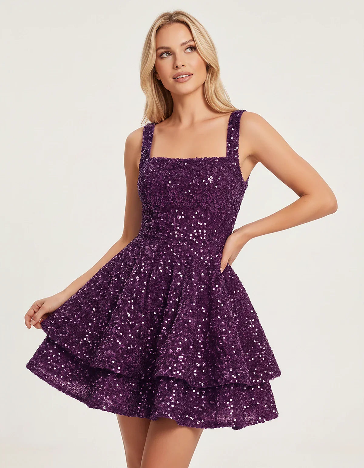 Sequin Sleeveless Square Neck Tiered A-Line Mini Dress for Party, Cocktail, Evening, Homecoming, Graduation, Wedding Guest & | SKU: LMD-583104927461825-MAUVE-L,LMD-583104927461825-MAUVE-M,LMD-583104927461825-MAUVE-S,LMD-583104927461825-MAUVE-XL,LMD-583104927461825-MAUVE-XS